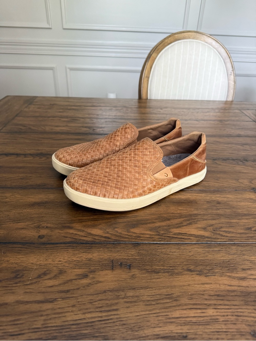 Men's OluKai slip On Woven Leather Sneakers - Tan